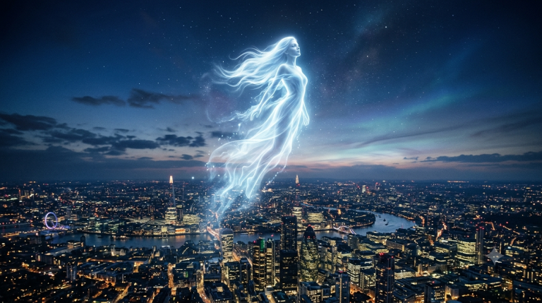 female ghost flying over the city
